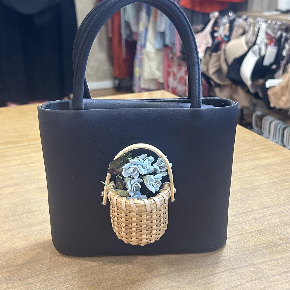 Femina Carlo Fellini Top Handle Bag Womens Small Black Satin Wicker Flower Purse